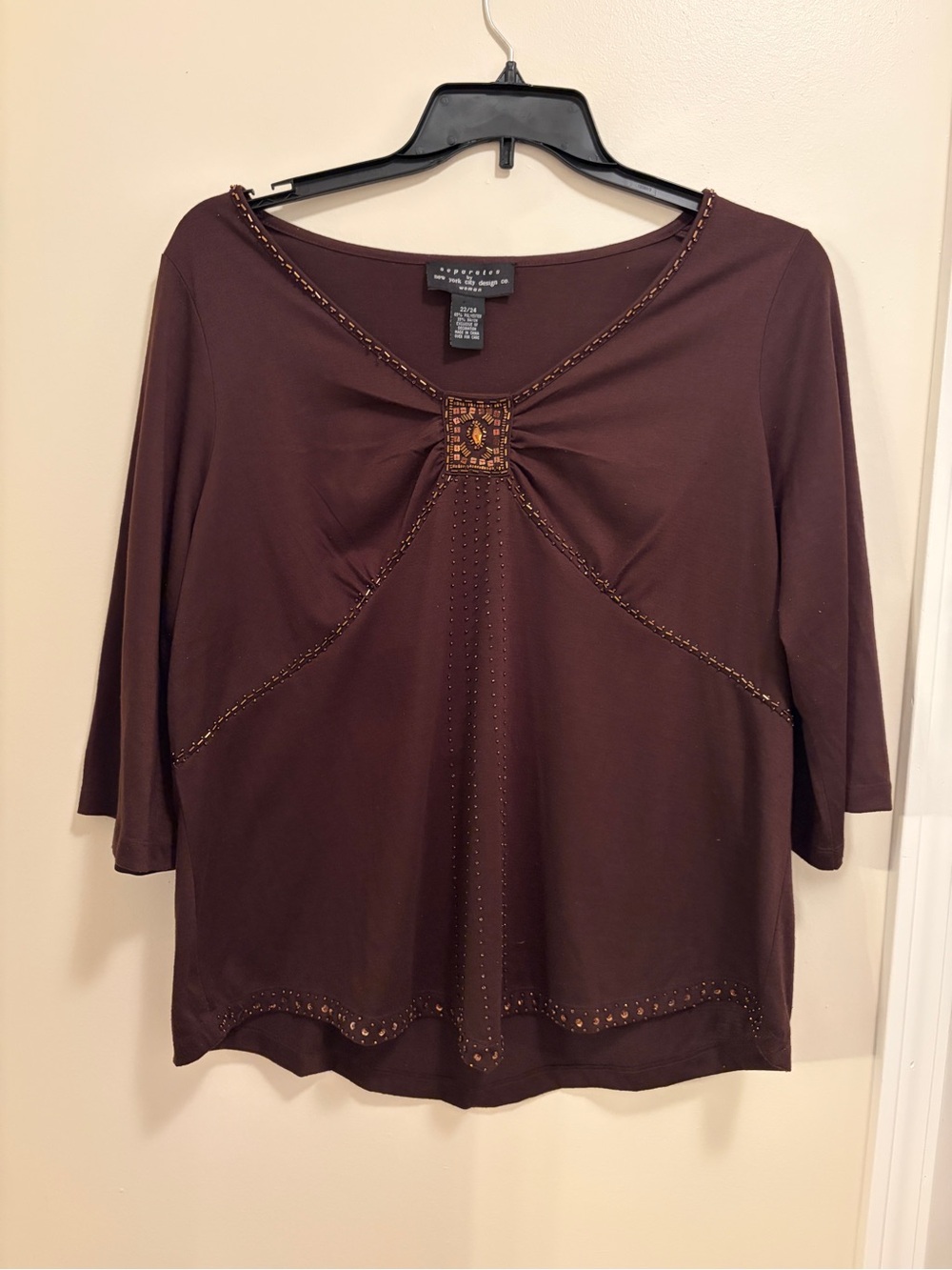90s Y2k Chocolate Brown Embellished Scoop Neck Long Sleeve Tee